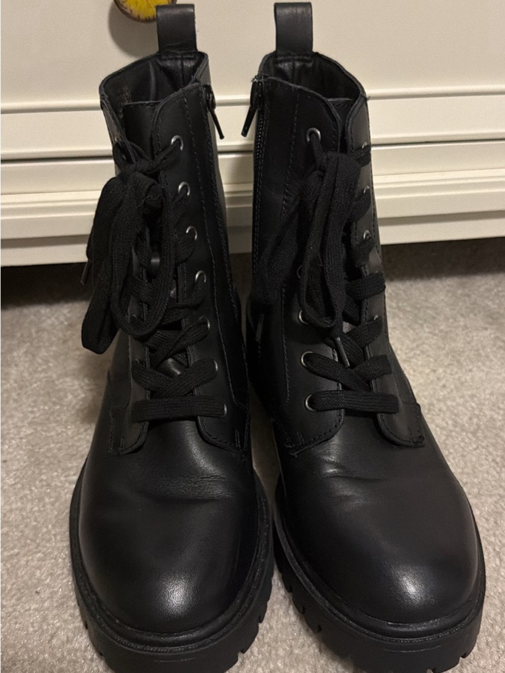 Crown Vintage Black Lace-Up Platform Combat Boots with Side Zipper